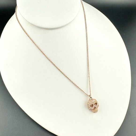 Betsy Johnson Rose Gold Crystal Pave Skull Heart Eye Necklace - Picture 3 of 4